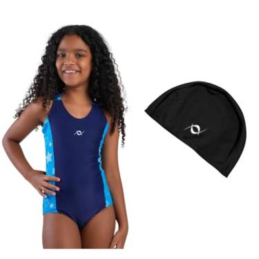 Imagem de Kit Maiô Infantil Juvenil Natação Piscina E Touca De Tecido (Marinho/Estampa Azul Estrela - Touca Preto, 8)