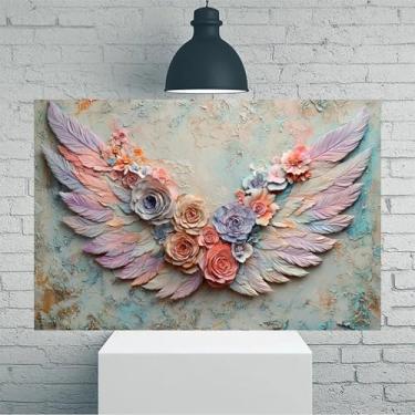 Imagem de Arte de parede em tela rústica vintage de penas pastel e asa de flor - Pôster sem moldura de 30 x 45 cm - Ideia de presente para decoração de casa e escritório para sala de estar, quarto, cozinha e