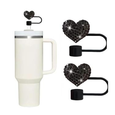 Imagem de 2 peças de tampas de palha de corações brilhantes para copo Stanley, strass de diamante brilhante, topos de silicone de 10 mm, topo de palha compatível com Stanley copo de 30 e 1,134 g com alça