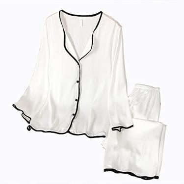 Imagem de HHHJQFAAT Pijamas para mulheres, confortável, clássico, conjunto de roupa de dormir, manga comprida, decote em V, calças de dormir, roupa de dormir, casual, uso doméstico, GG, branco