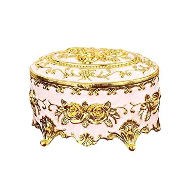 Imagem de Caixa de joias vintage pequena organizadora de joias de metal de viagem para colares e anéis, brincos, presente feminino e feminino (quadrado) (oval)