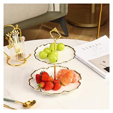 Imagem de Pratos de exibição de doces, prato de frutas de cerâmica de 2 camadas, prato Dim Sum, tigela de frutas secas, suporte de armazenamento de nozes doces, cesta de frutas/bandeja verde