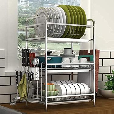 Imagem de Escorredor de pratos escorredor de pratos escorredor e bandeja coletora e cesto de talheres Rusoof de aço inoxidável multiuso para bancada de cozinha suporte de prato (cor: preto, tamanho: 3 camadas