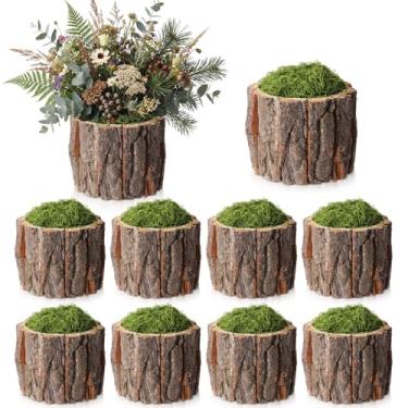 Imagem de RimCereal Conjunto de 8 vasos de madeira para centros de mesa, vaso de flores de madeira com musgo verde falso, baldes rústicos de toco, vasos de madeira vintage, para festa na floresta, casamento