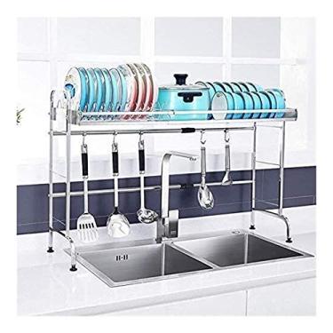 Imagem de Escorredor de pratos de cozinha escorredor de pratos de aço inoxidável escorredor de pratos com bandeja extensível placa de drenagem extra suporte de talheres suporte de copo de vinho prato duplo para