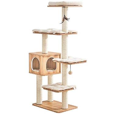 Imagem de U5GAAALPPQ9 Lixa para gatos de madeira para gatos Clim e uma vila, arranhador, resistente e estável, fácil de montar, parque infantil para gatos