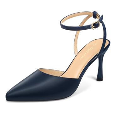 Imagem de PIZZ ANNU Sandália feminina Cienna de salto alto, bico fino, tira no tornozelo, bico fechado, elegante, vestido de festa de casamento, Azul-marinho PU, 35