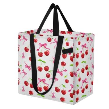Imagem de SEHANY Sacola de compras reutilizável de cereja fofa com alças reforçadas, bolsa de compras de lona dobrável à prova d'água de grande capacidade para viagem, cozinha, praia