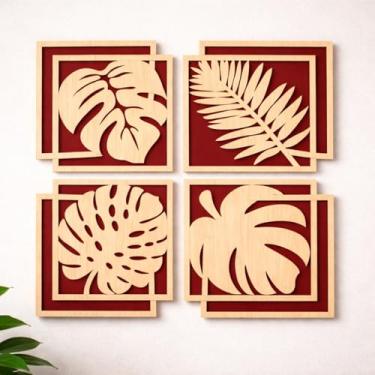Imagem de Conjunto 4 Quadros Decorativos Folhas Tropicais para Sala Quarto Escritório em Relevo 3D(Vermelho e Amadeirado Claro)