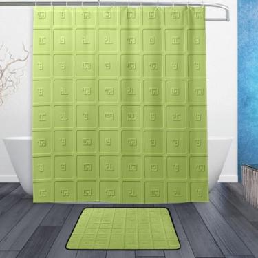 Imagem de Kigai Conjunto de tapetes de cortina de banho xadrez verde búfalo 2 peças, conjunto de tema de banheiro (152 x 182 cm) com cortina de chuveiro e tapete antiderrapante - 12 ganchos