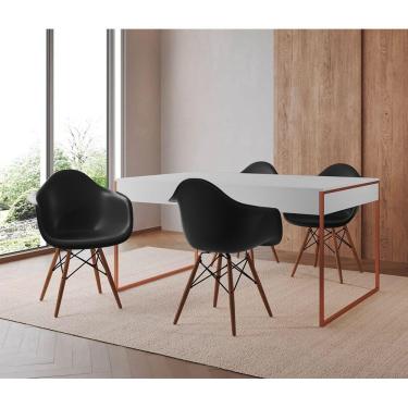Imagem de Mesa Jantar Industrial Branca 137X90Cm Base Cobre Com 4 Poltronas Pretas Mad Cor: Branco