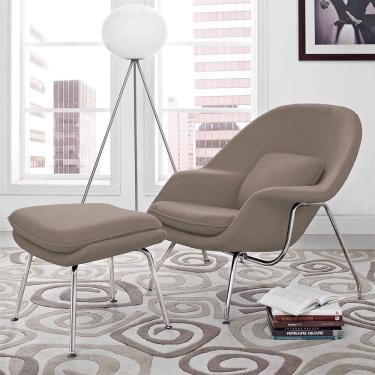 Imagem de Poltrona Womb Chair Com Puff Cromada Linho Bege