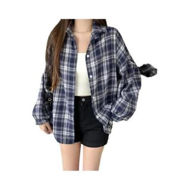 Imagem de Camisa Jaqueta Feminina Oversized Xadrez Tartan Manga Longa Com Botões