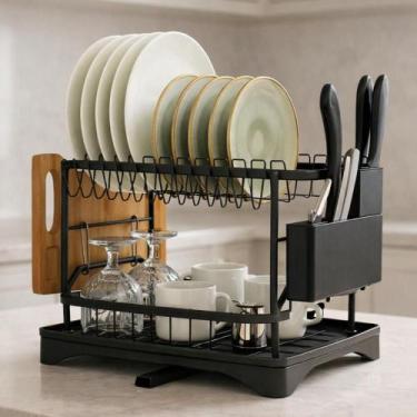 Imagem de Escorredor de Louça Preto Fosco 2 Andares com Dreno 360, Bandeja Colet