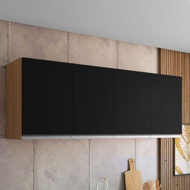 Imagem de Armário Aéreo Cozinha Andréia 150cm 4 Portas Multiuso MDP Amêndoa Preto - Desk Design