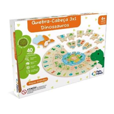 Imagem de Quebra Cabeça Educativo 3 em 1 Dinossauros 40 Peças Madeira Pais e Fil