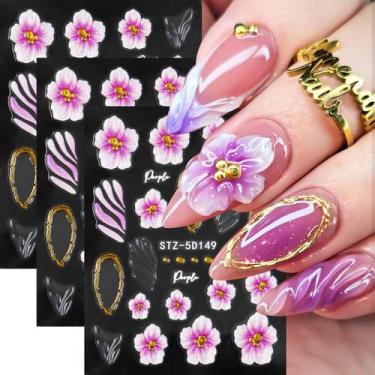 Imagem de Adesivos para Unhas SUTOZMIWE 5D Relevados com Flores de Hibisco 3 Fol