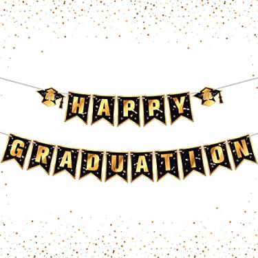 Imagem de Banner grande, feliz graduação 2022 - Sem DIY, 25 pés | Faixa de 2022 com boné guirlanda de formatura para decorações de formatura pretas 2022 | Decorações de festa de formatura preto e dourado 2022