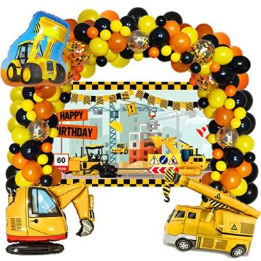 Imagem de Materiais de festa de aniversário de construção com balões de caminhão basculante Balões de escavadeira e Balões de escavadeira Fundo de construção, Balões de confete, Amarelo, Preto, Laranja Balões para Festa de Aniversário de Crianças