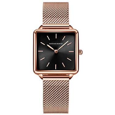 Imagem de HANNAH MARTIN Relógio de pulso feminino de quartzo com mostrador quadrado, casual, negócios, pulseira de malha de aço inoxidável, ouro rosa/prata, Preto, dourado, Relógios de quartzo