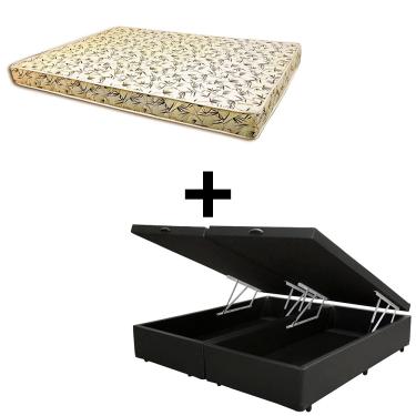 Imagem de Cama Baú Casal Bipartido - Tecido Sintético Preto Com Colchão Austrália Bello Box - 100% Espuma D26 Amarelo 55x138x188