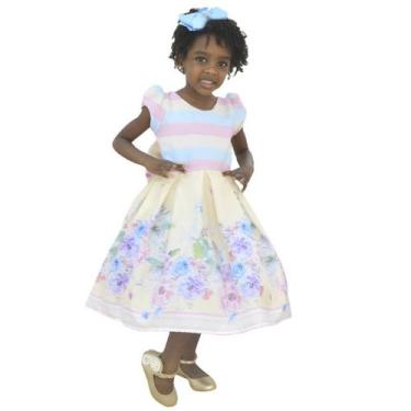 Imagem de Vestido Infantil Corpo Listrado E Saia Floral Amarela - Florista - Mod