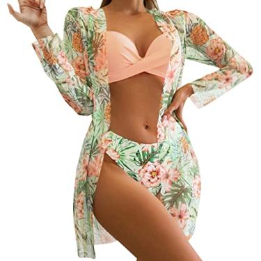 Imagem de Biquínis femininos de cintura alta 2024 sexy conjunto de biquíni 3 peças saída de praia para mulheres com estampa floral frente única, H, GG