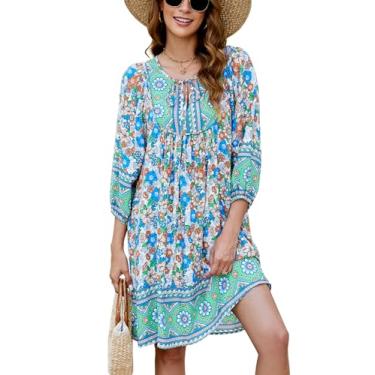 Imagem de Bluetime Vestido feminino casual de verão boho gola V manga 3/4 curto babydoll estampa floral vestidos de praia rodados, Azul royal, M