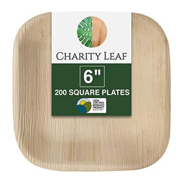 Imagem de Charity Leaf Pratos quadrados descartáveis de folha de palmeira de 15,24 cm (200 peças) travessas de servir de bambu, tábuas descartáveis, louça ecológica para casamentos, catering, eventos