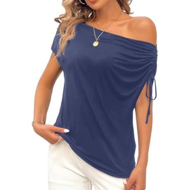 Imagem de VIMPUNEC Blusas femininas de verão com ombros de fora, elegantes, casuais, modernas, blusas de manga curta, Azul marinho, M