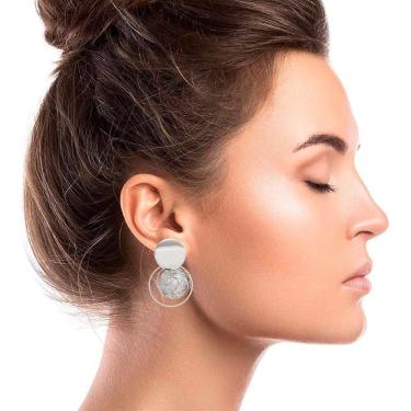 Imagem de Brincos de Pressão Argola com Pérolas Prateado Fashion