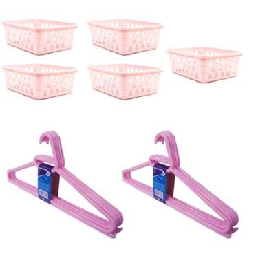 Imagem de Kit 5 Cestos Organizador Médio 20x15,5x6,5Cm+10Cabides Rosa - Trioplas