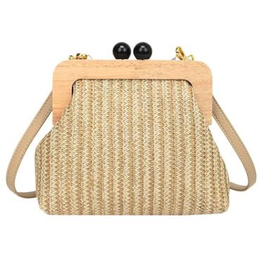 Imagem de Bolsas de praia de palha para mulheres bolsa transversal de palha de verão bolsa de mão ráfia bolsas de ombro bolsa de ombro bolsa em forma de concha 2025, A cáqui, 9.1" x 3.9" x 7.9"
