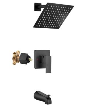Imagem de GGStudy Conjunto de torneira de chuveiro, torneira de chuveiro de banheira preta com cabeça de chuveiro quadrada de 20 cm e bico de banheira conjunto completo de torneira de chuveiro incluído válvula