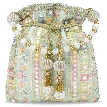 Imagem de Aheli Indian Potli Bags Gift for Women Evening Bag Clutch Ethnic Bride Purse com cordão, Verde menta