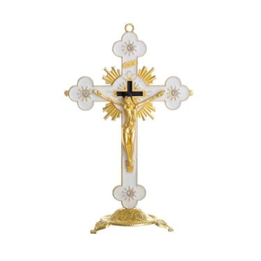 Imagem de KOMI Cruz de Jesus de metal católico de 12 cm, crucifixo branco para decoração de casa, presente religioso crucifixo de mesa