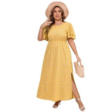 Imagem de ShopWonder Vestido longo feminino plus size, gola redonda, babados, manga curta, cintura alta, dividido, verão, casual, com bolsos, Flor amarela, 3G