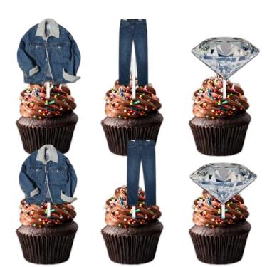 Imagem de 18pcs Blue Glitter Denim Clothes Diamond Dessert Cupcake Topper Pick for 60s 70s Fashionable Theme Decorations Men Women Happy Birthday Party Decor Supplies