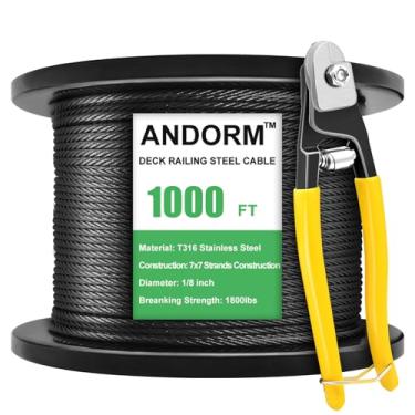 Imagem de Andorm 1000 Pés 1/8" Cabo de Convés Corrimão Preto T316 Cabo de Aço Inoxidável Cabo de Aeronave 7X7 Fios Construção para Kits de Sistema de Cabo de Corrimão de Convés, Ferragens de Corrimão de Cabo