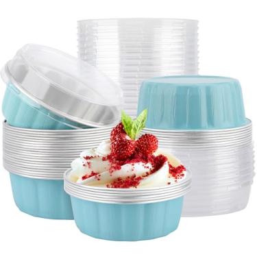 Imagem de EUSOAR Formas de alumínio com tampas, 25 peças de copos de alumínio azul de 255 g com tampas, recipiente descartável de ramequins para cheesecake de padaria, torta de flan, brownie, suportes redondos