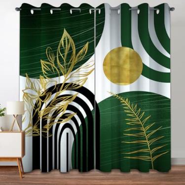 Imagem de Yieldeer Cortinas blecaute com estampa verde e dourada, boho, meados do século, estética moderna, com ilhós térmicos, cortinas para quarto e sala de estar, preto, 2 painéis, 246 x 132 cm
