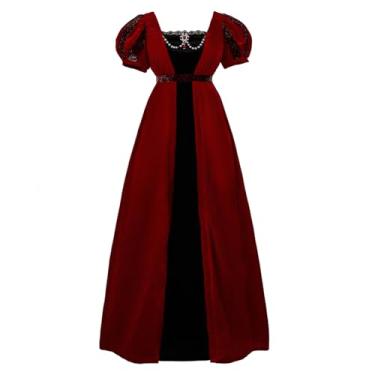 Imagem de Vibsion Vestido Regency dos anos 1800 para mulheres, vestido vitoriano com veleto de vinho, vestido de cintura alta, fantasia renascentista medieval, P