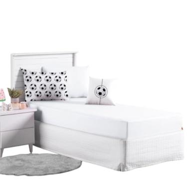 Imagem de Jogo Lençol Roupa Cama Infantil Fronha Elastico Solteiro 4 Pçs Macio Quarto Criança Menino Futebol Branco