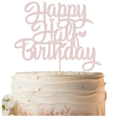 Imagem de EONNCNT Topo de bolo Happy Half Birthday - Glitter ouro rosa 6 meses suprimentos de decoração de bolo de aniversário para meninos ou meninas chá de bebê, revelação de gênero ou 1/2 artigos de festa de