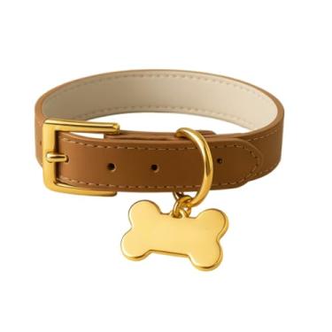 Imagem de Coleira Couro Legitimo com osso Dourado Tag Plaquinha Identificação (PRATA,M -34 Centimetros (Ajustável).)
