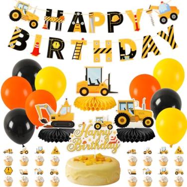 Imagem de DECYOOL 39 peças de materiais de festa de aniversário de construção, caminhão basculante, escavadeira, decorações de festa, 2 peças, banners de feliz aniversário, 3 peças, favos de mel, 12 peças de