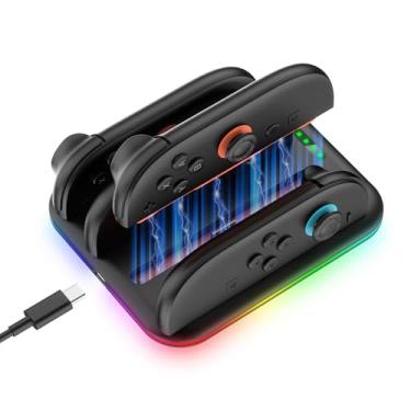 Imagem de JDDWIN Switch 2 Controller Charging Dock, 4-in-1 Fast Charging Dock Compatible with Nintendos Switch 2 Joy Con Accessories[5 RGB Light Modes] Magnetic Controller Charger Stand Station (Black)
