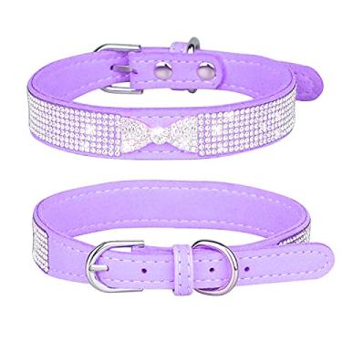 Imagem de Pimaodog Coleira para cachorro com strass, lindo deslumbrante couro de camurça macio ajustável cão gato coleira diamante cristal para filhotes pequenos médios grandes cães (PP: 21 - 26 cm, roxo-3)