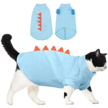 Imagem de DENTRUN Roupas para gatos Sphynx, fantasia de gato sem pelos com design de dinossauro, camisetas de algodão respirável apenas para gatos, camisetas diárias de gatinho de gola redonda com mangas,