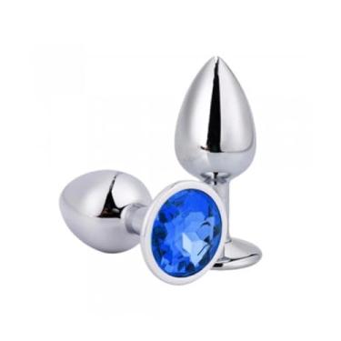 Imagem de Plug Anal em Aço Inoxidável, 8,2 cm de Comprimento, 3,4 cm de Espessura, Base com Cristal Azul